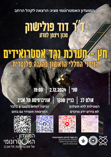 המועדון האסטרונומי מציג: הרצאה לקהל הרחב ד"ר דוד פולישוק מכון ויצמן למדע חץ - מערכת נגד אסטרואידים הניסוי החללי הראשון בהגנה פלנטרית שני | 2.12.2024 | 19:00 אולם לב | בניין שנקר | אוניברסיטת תל אביב